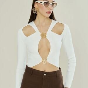 Declara Lovers Emblem Cut Out Knit Top White S Floral Gold Hardware Designer